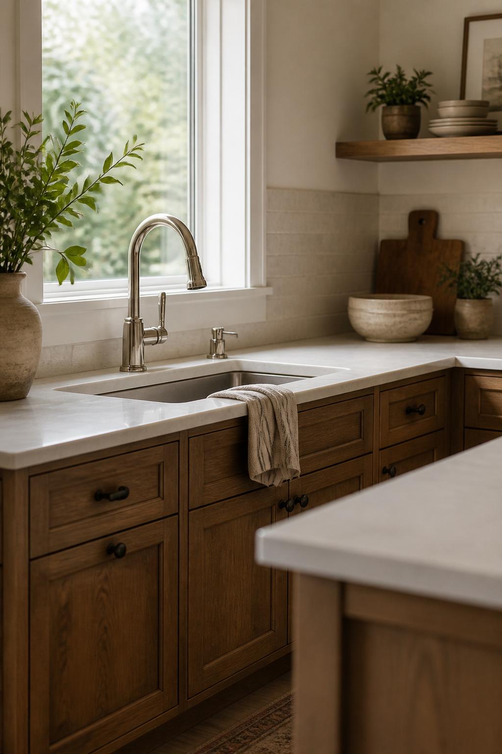 Finished kitchen with a clean installed faucet and warm materials.